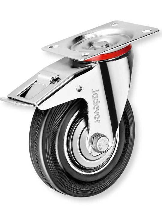 Ruota girevole in acciaio e gomma con freno, diametro 75mm, con piastra di fissaggio, ideale per applicazioni industriali, SKU: J/JDJL3333