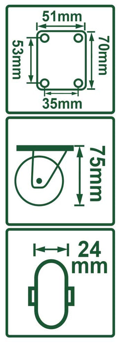 Diagramma tecnico della ruota industriale con dimensioni e foro di montaggio, diametro 50mm, spessore 53mm, foro 24mm, con piastra 51x70mm