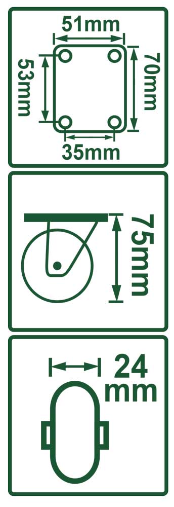 Diagramma tecnico della ruota industriale con dimensioni e foro di montaggio, diametro 50mm, spessore 53mm, foro 24mm, con piastra 51x70mm