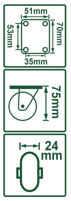 Diagramma tecnico della ruota girevole con dimensioni in millimetri: diametro 75mm, piastra 51x53mm, foro 24mm, SKU: J/JDJL2322