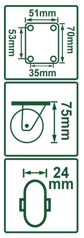 Diagramma tecnico della ruota girevole con dimensioni in millimetri: diametro 75mm, piastra 51x53mm, foro 24mm, SKU: J/JDJL2322
