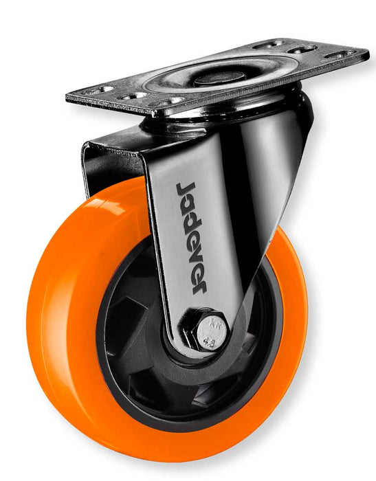 Ruota girevole per carrelli e attrezzature industriali con ruota in poliuretano arancione, struttura in acciaio e piastra zincata, SKU: J/JDJL2322