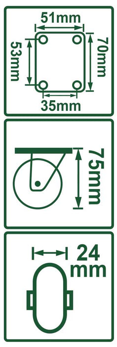 Schema tecnico della piastra di fissaggio della ruota girevole, dimensioni 51x35mm, foro centrale 24mm, con indicazioni di montaggio.