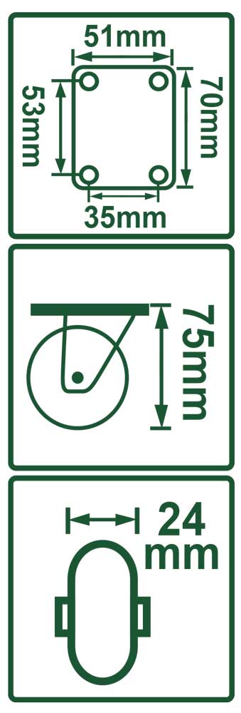 Schema tecnico della piastra di fissaggio della ruota girevole, dimensioni 51x35mm, foro centrale 24mm, con indicazioni di montaggio.