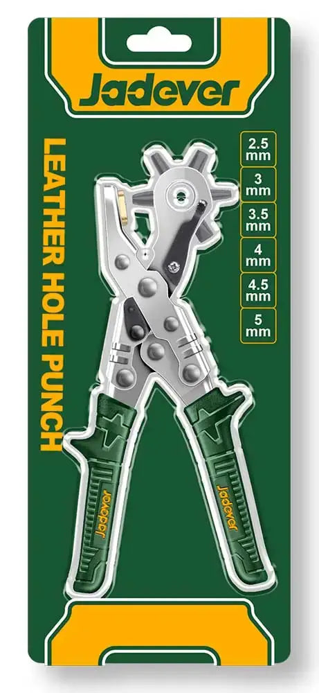 Confezione blister della Fustellatrice Rotante 10" Jadever con 6 punzoni da 2,5 a 5 mm, ideale per artigianato e bricolage su pelle e cartone.