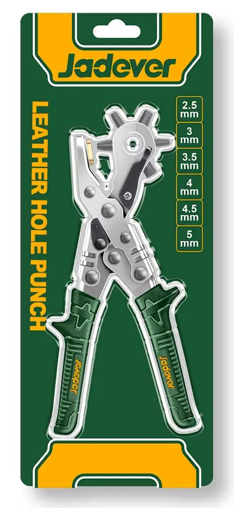 Confezione blister della Fustellatrice Rotante 10" Jadever con 6 punzoni da 2,5 a 5 mm, ideale per artigianato e bricolage su pelle e cartone.