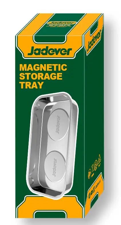 Confezione del Vassoio Magnetico Portaoggetti in Acciaio Inossidabile 136x235 mm Jadever, perfetto per organizzare strumenti in modo sicuro.