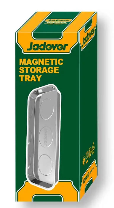 Confezione del Vassoio Magnetico 160x360MM Jadever con design verde e giallo, ideale per l'organizzazione degli attrezzi. Acquista Vassoio Magnetico 160x360MM Online.