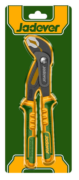 Immagine della pinza regolabile Jadever in confezione con manici ergonomici gialli e verdi, design compatto e affidabile per lavori di utensileria.