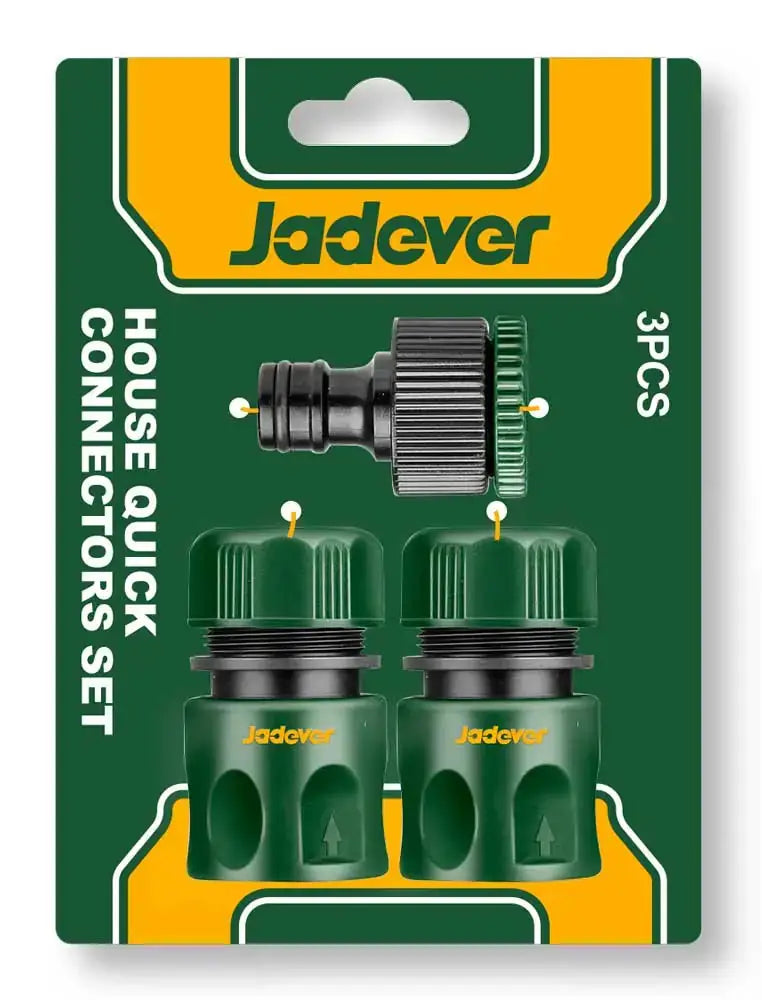Confezione di raccordi rapidi Jadever con etichetta verde e gialla, include tre raccordi e un connettore rapido, perfetti per irrigazione efficiente