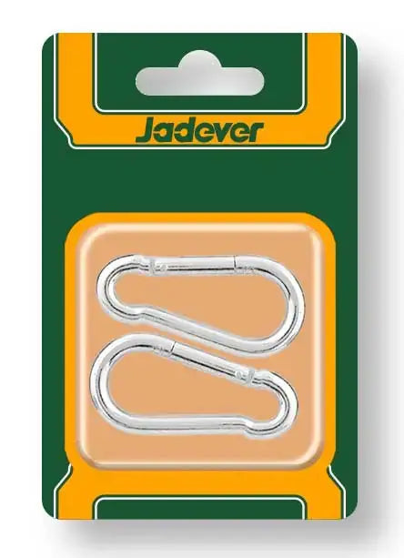 Set di 2 moschettoni pompiere in acciaio trasparente, confezionati in blister con logo Jadever, utili come accessori hardware robusti