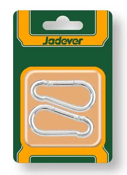 Set di 2 moschettoni pompiere in acciaio trasparente, confezionati in blister con logo Jadever, utili come accessori hardware robusti