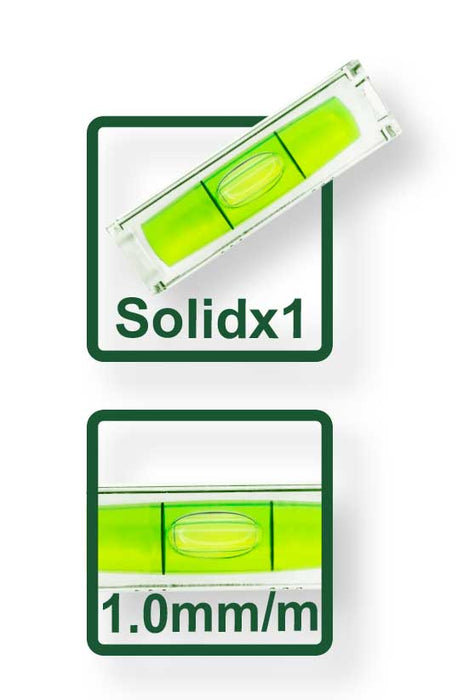 Dettaglio della livella con vetrino e livello a bolla verde, indicatore di precisione 1mm/m, per uso professionale e hobbistico