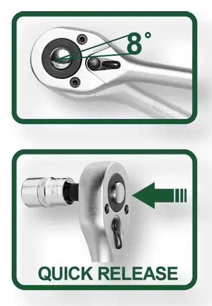 Dettaglio cricchetto con angolo di lavoro 8° e sistema quick release del Set Chiavi a Bussola 1/4 in Valigetta Jadver per uso professionale.
