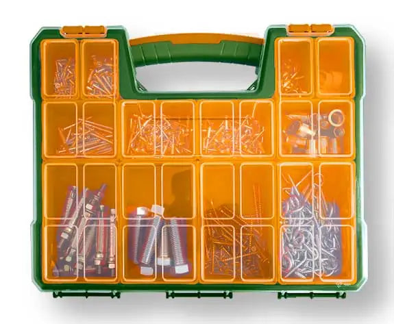 Valigetta Porta Minuterie 13.5" con contenitori pieni di viti, chiodi e minuteria, ideale per l'organizzazione di piccoli accessori hardware.