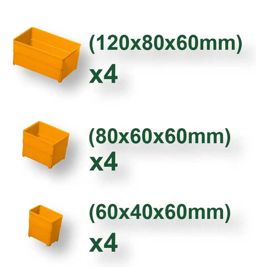 Dettaglio dei 12 contenitori removibili della Valigetta Porta Minuterie 13.5" in tre misure: 120x80x60mm, 80x60x60mm, 60x40x60mm.