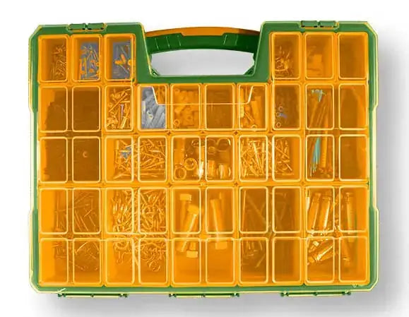 Valigetta organizer plastica 16.5'' con 23 scomparti pieni di minuterie metalliche, ideale per ferramenta e utensili da lavoro.
