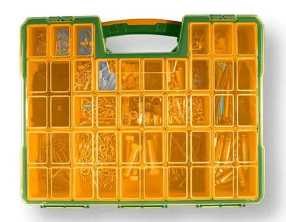 Valigetta organizer plastica 16.5'' con 23 scomparti pieni di minuterie metalliche, ideale per ferramenta e utensili da lavoro.