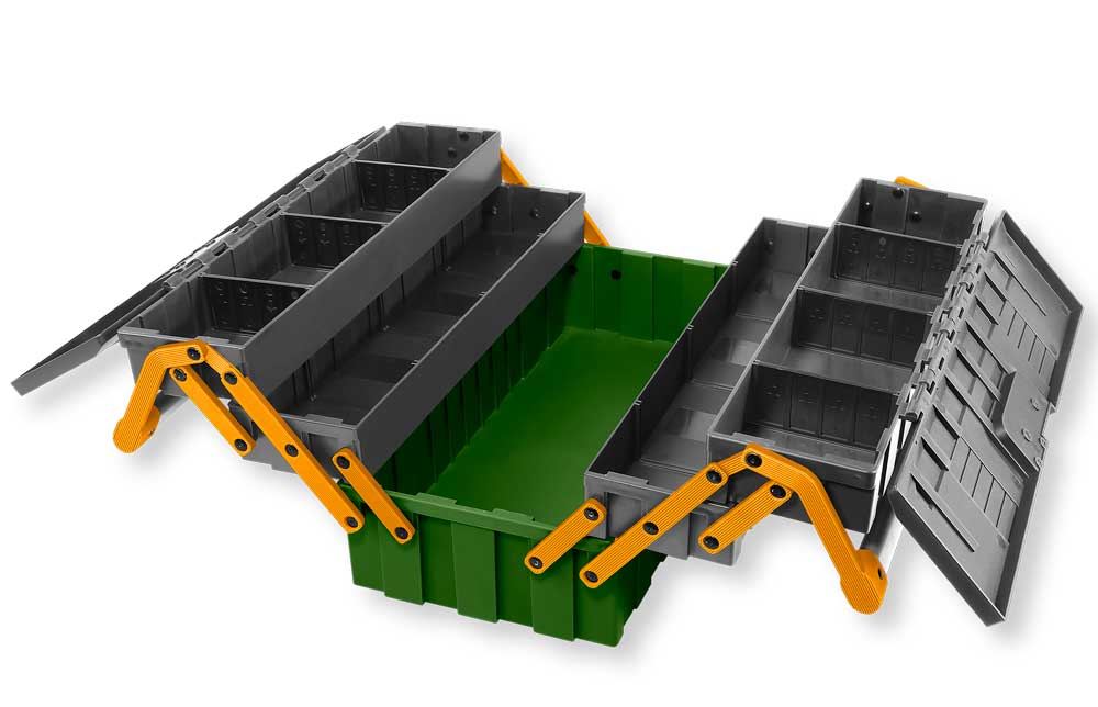 Cassetta portautensili rinforzata in plastica con 5 scomparti, dimensioni 460x265 mm, maniglia in acciaio, ideale per organizzare attrezzi