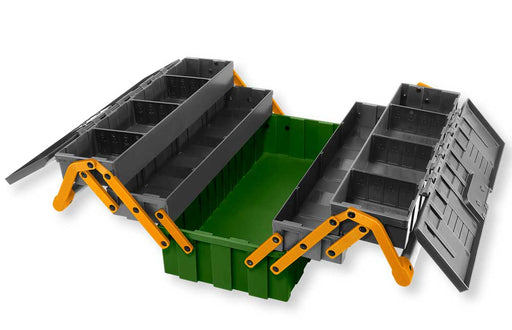 Cassetta portautensili rinforzata in plastica con 5 scomparti, dimensioni 460x265 mm, maniglia in acciaio, ideale per organizzare attrezzi