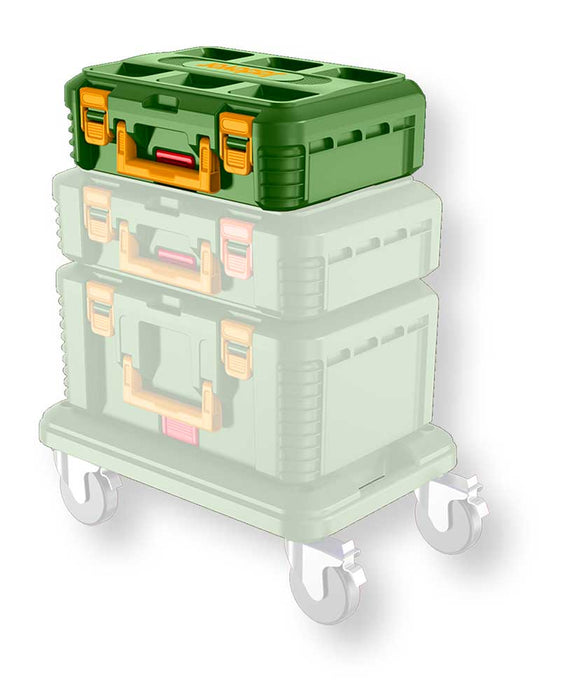 Cassetta portautensili impilabile in plastica verde con logo Jadaver, sistema di impilamento e maniglie ergonomiche, dimensioni compatte.