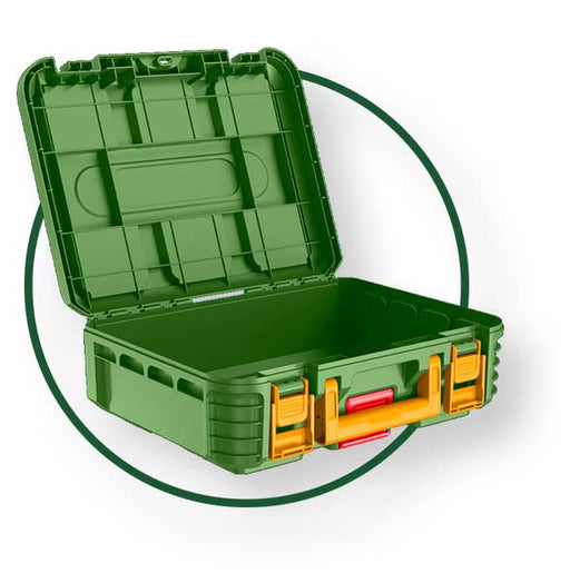 Vista interna della cassetta portautensili impilabile in plastica verde con scomparti, facile da trasportare e impilare, con maniglie ergonomiche