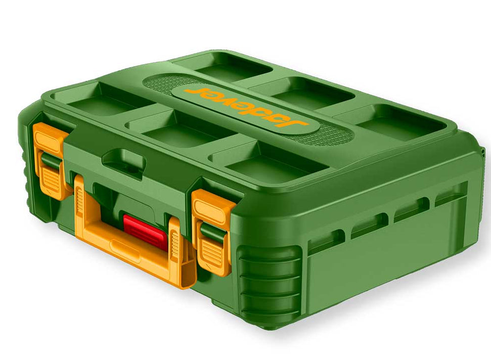 Cassetta portautensili impilabile in plastica verde con maniglie gialle e chiusure di sicurezza, dimensioni 480x320x148 mm, ideale per organizzare attrezzi da lavoro