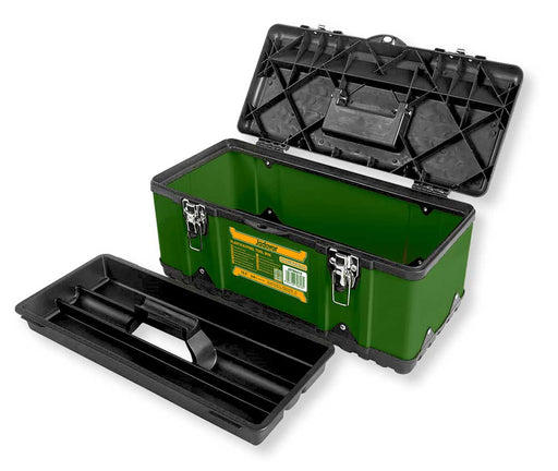 Cassetta portattrezzi Jadever in plastica e metallo verde con vassoio removibile, robusta, dimensioni 470x238x203 mm, capacità 15 kg, con fibbia in metallo