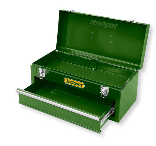 Cassetta portattrezzi in metallo verde con cassetto estraibile, ripiano interno e chiusure robuste, ideale per utensili e attrezzi da lavoro.