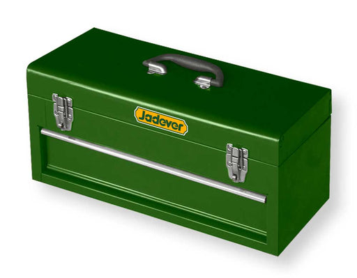 Scatola portattrezzi in metallo verde con manico, chiusure metalliche e spazio interno per organizzare utensili, perfetta per officine.