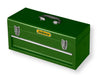 Scatola portattrezzi in metallo verde con manico, chiusure metalliche e spazio interno per organizzare utensili, perfetta per officine.