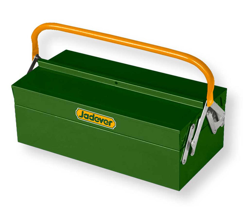 Contenitore in metallo verde con logo Jadever, manico arancione, design robusto e pratico per organizzare strumenti e utensili.
