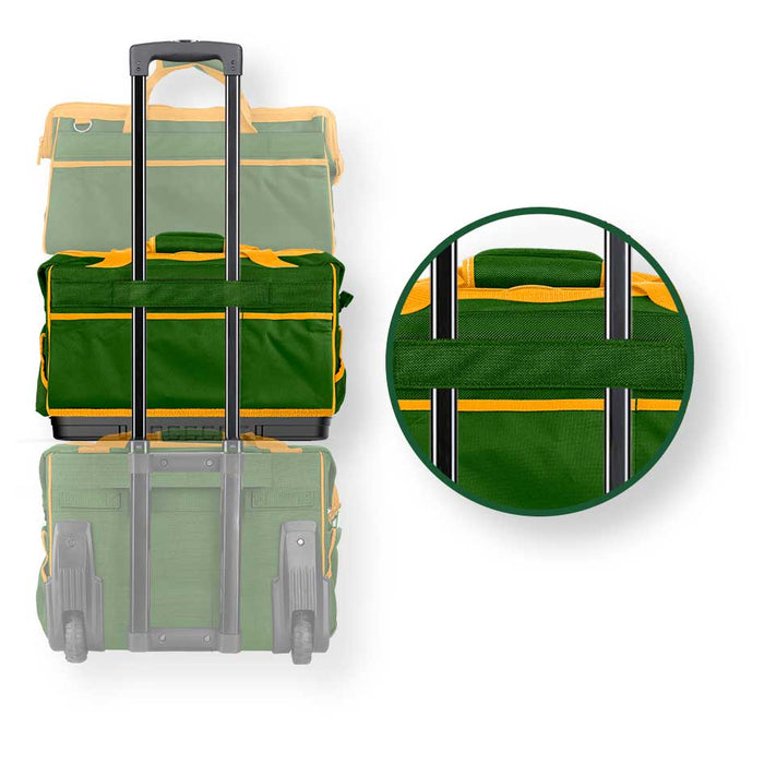 Borsa portattrezzi Jadever con ruote e manico telescopico, in tessuto poliestere verde con dettagli gialli, perfetta per trasporto utensili.
