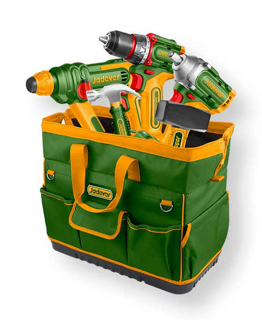 Borsa portattrezzi Jadever con utensili elettrici, in tessuto poliestere verde con tasche interne e manici gialli, capienza e resistenza.