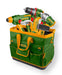 Borsa portattrezzi Jadever con utensili elettrici, in tessuto poliestere verde con tasche interne e manici gialli, capienza e resistenza.