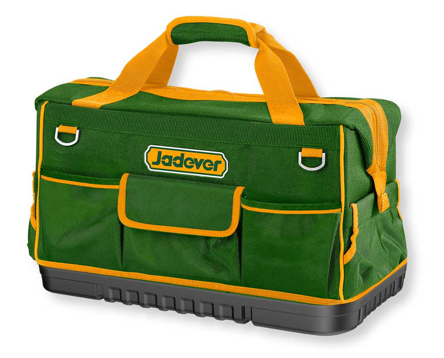 Borsa portattrezzi Jadever in tessuto poliestere verde con dettagli gialli, manici robusti e tasche esterne, ideale per utensili da lavoro.