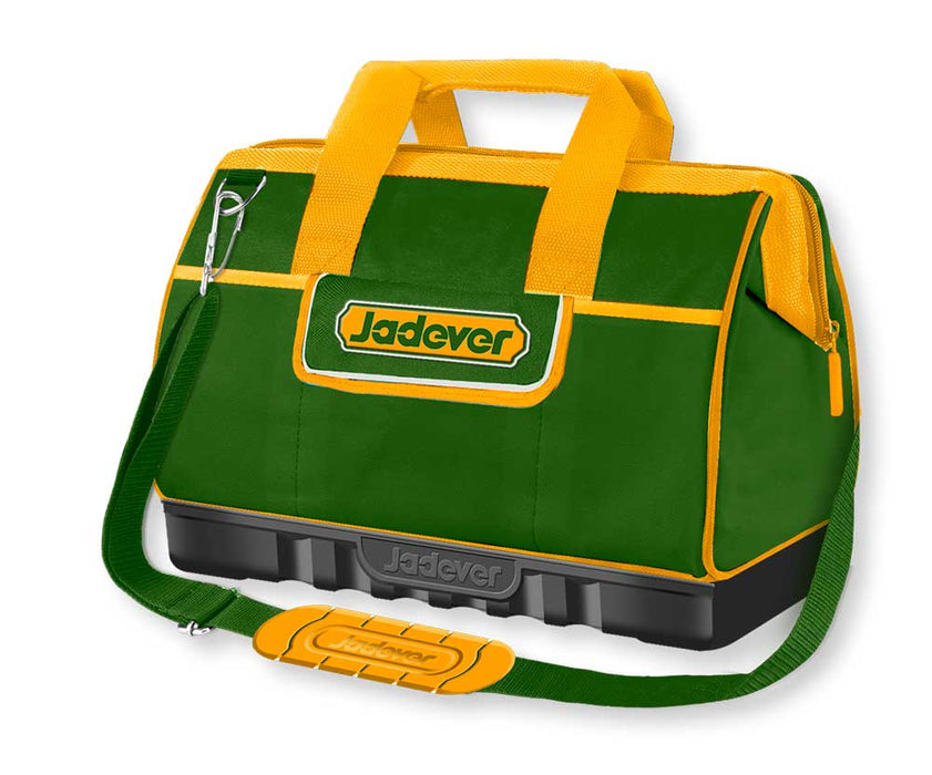 Borsa portattrezzi Jadever in poliestere 600D verde con dettagli gialli, manici robusti, scomparti interni e base rigida, SKU: J/JDTG3216