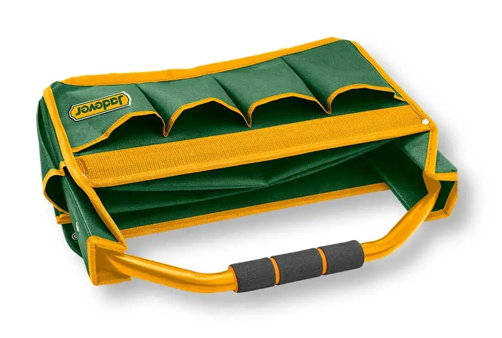 Borsa Rigida Portattrezzi 16P piegata con struttura in metallo e manico ergonomico, perfetta per il trasporto compatto degli attrezzi.