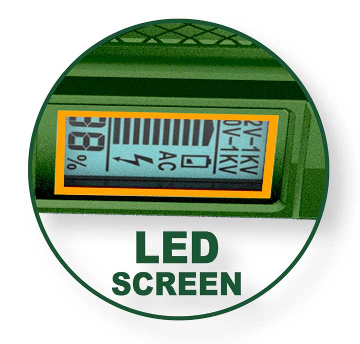 Dettaglio del display LED del cercafase con indicazioni di tensione, batteria e modalità di funzionamento, schermo digitale illuminato