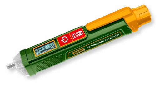 Cercafase portatile a batteria 1000V con display LED, allarme sonoro, corpo verde con dettagli arancioni, utilizzato per rilevamento tensione AC e DC, SKU: J/JDTP3504