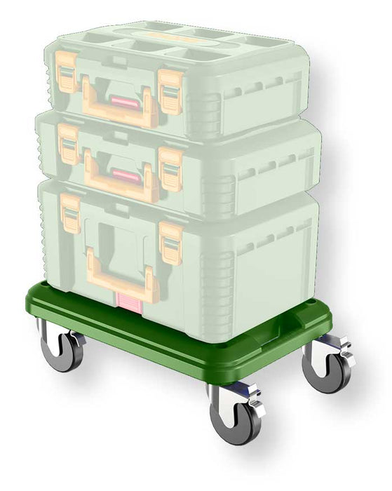 Immagine di un carrello con ruote in plastica e cassetti impilabili in plastica, utilizzato per trasporto e stoccaggio di attrezzature