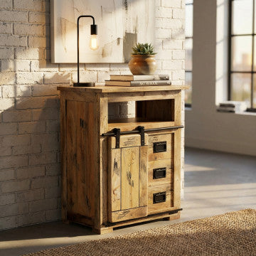 Mobile in legno di mango con anta scorrevole, ripiano e 3 cassetti