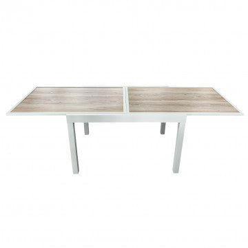 Tavolo allungabile 120/240 cm, piano vetro effetto legno, struttura alluminio