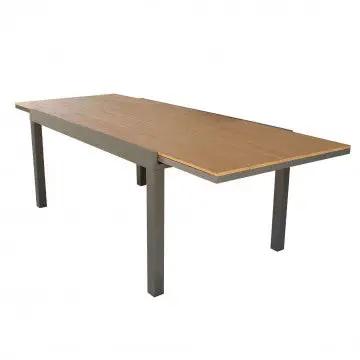Tavolo Allungabile Cayman in alluminio taupe con piano polywood teak, dimensioni 160/240 x 95 cm, ideale per giardini moderni.