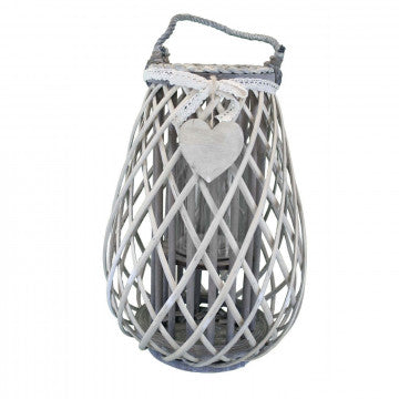 Lanterna in vimini e vetro grigio con decoro a cuore e nastro