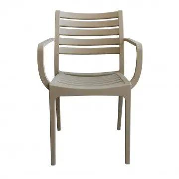 Vista frontale della poltrona Eveline impilabile in polipropilene beige. Dimensioni: 58.5x55.2x84cm.
