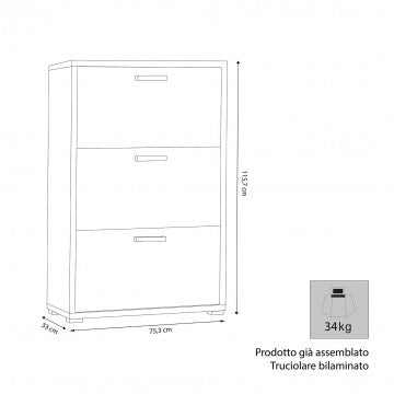 Scarpiera 3 ante a ribalta in truciolare bilaminato, 75,3 x 33 x 115,7 cm