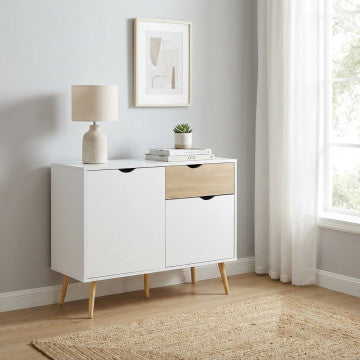 Mobile con 1 anta e 2 cassetti in legno bianco e naturale 99x39x82 cm