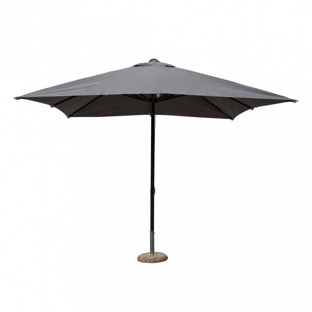 Ombrellone da giardino aperto con copertura in tessuto grigio, struttura in alluminio e base in pietra, ideale per esterni