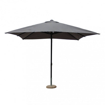 Ombrellone da giardino aperto con copertura in tessuto grigio, struttura in alluminio e base in pietra, ideale per esterni